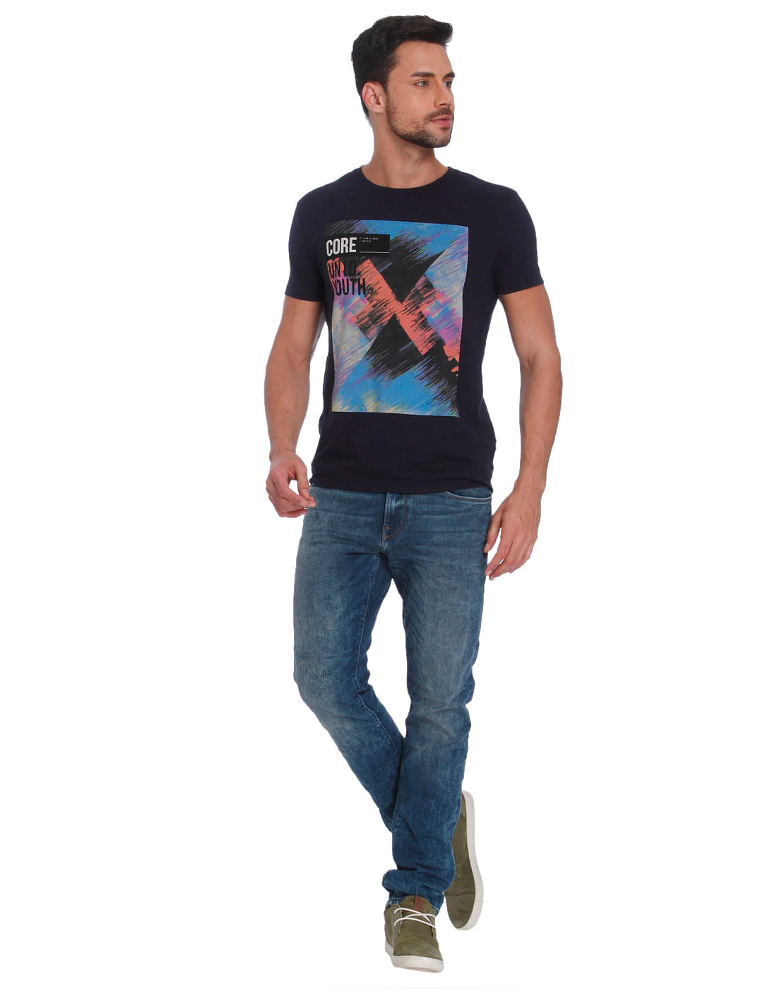Black & Multi Colour Graphic Print Crew Neck T-Shirt