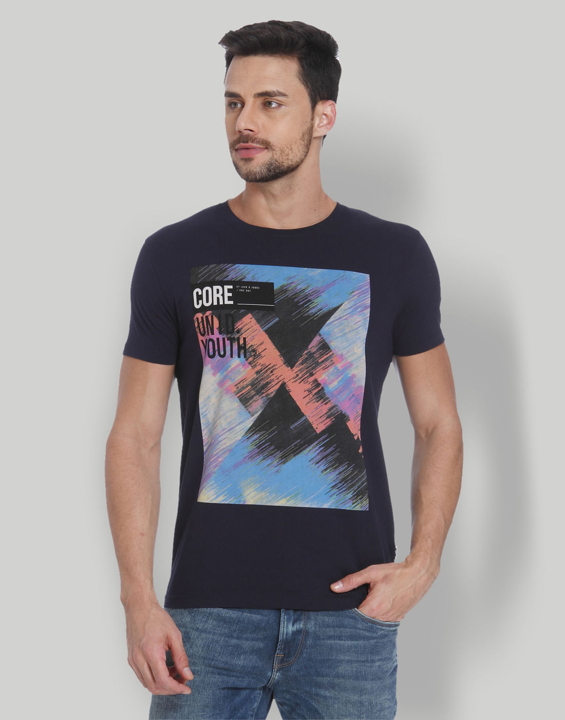 Black & Multi Colour Graphic Print Crew Neck T-Shirt - S