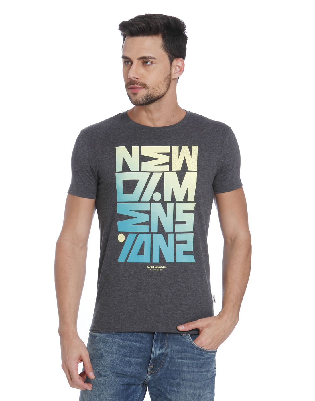 Dark Grey Text Print Crew Neck T-Shirt - S