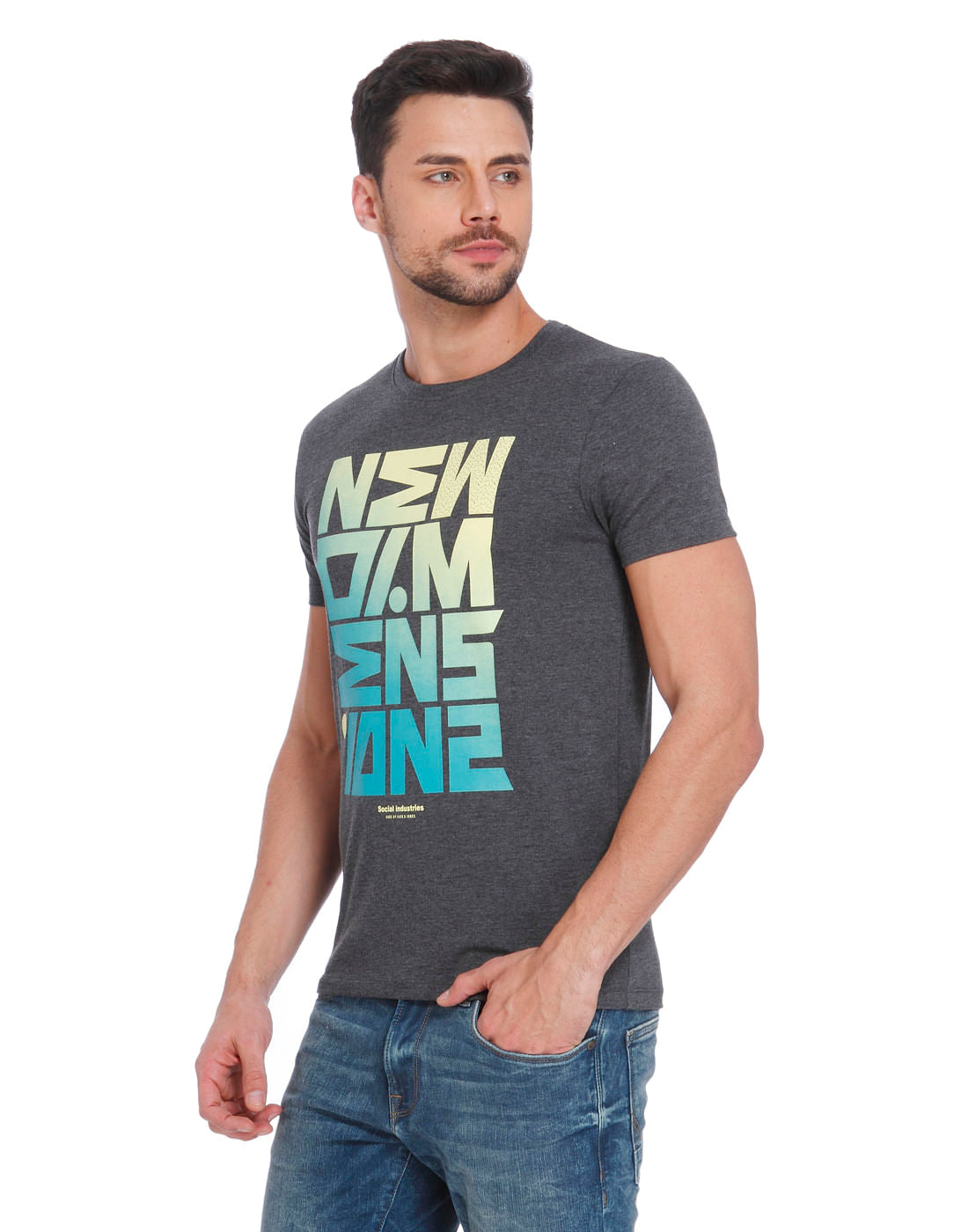 Dark Grey Text Print Crew Neck T-Shirt