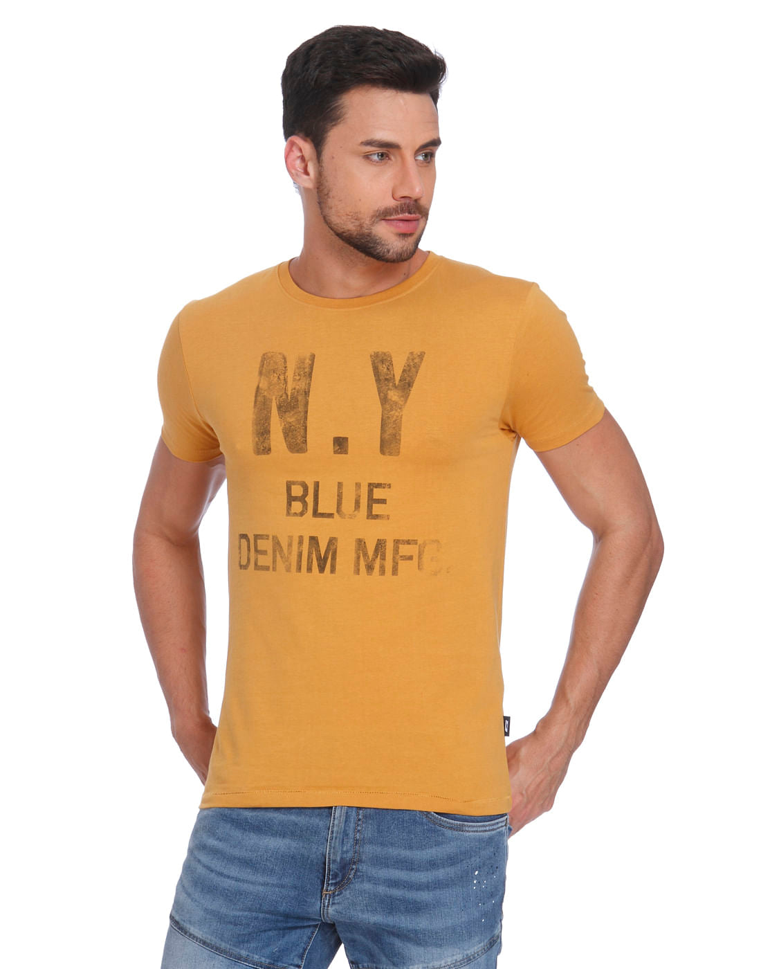 Mustard Text Print Crew Neck T-Shirt - S
