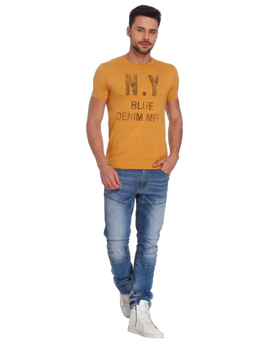 Mustard Text Print Crew Neck T-Shirt