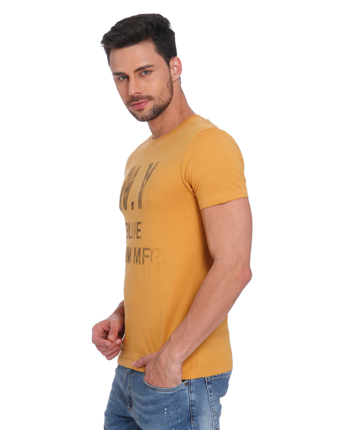 Mustard Text Print Crew Neck T-Shirt