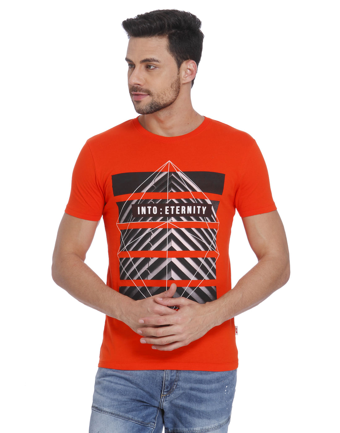 Orange & Black Graphic Print Crew Neck T-Shirt