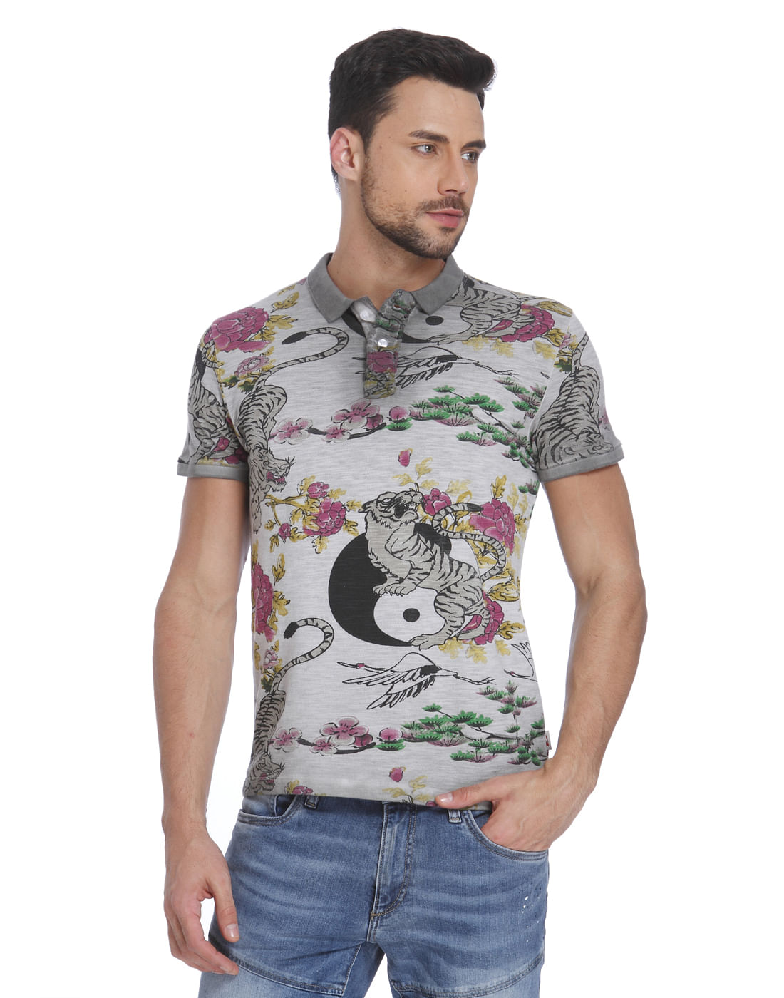 Grey Tiger & Floral Print Polo T-Shirt - S
