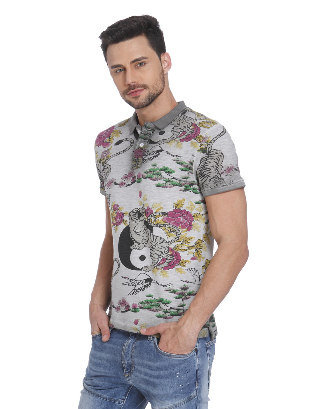 Grey Tiger & Floral Print Polo T-Shirt