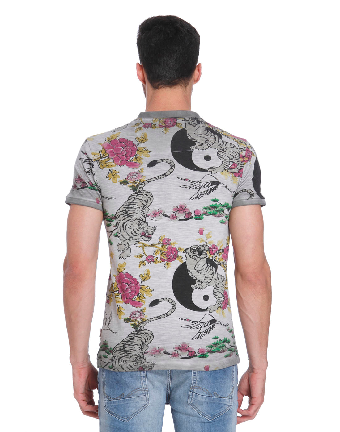 Grey Tiger & Floral Print Polo T-Shirt