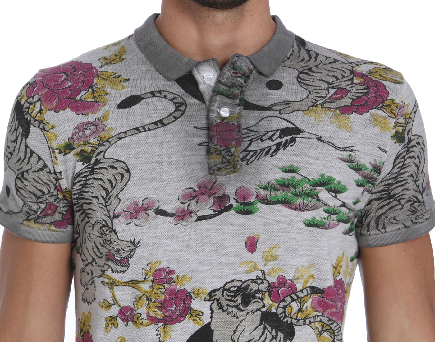 Grey Tiger & Floral Print Polo T-Shirt