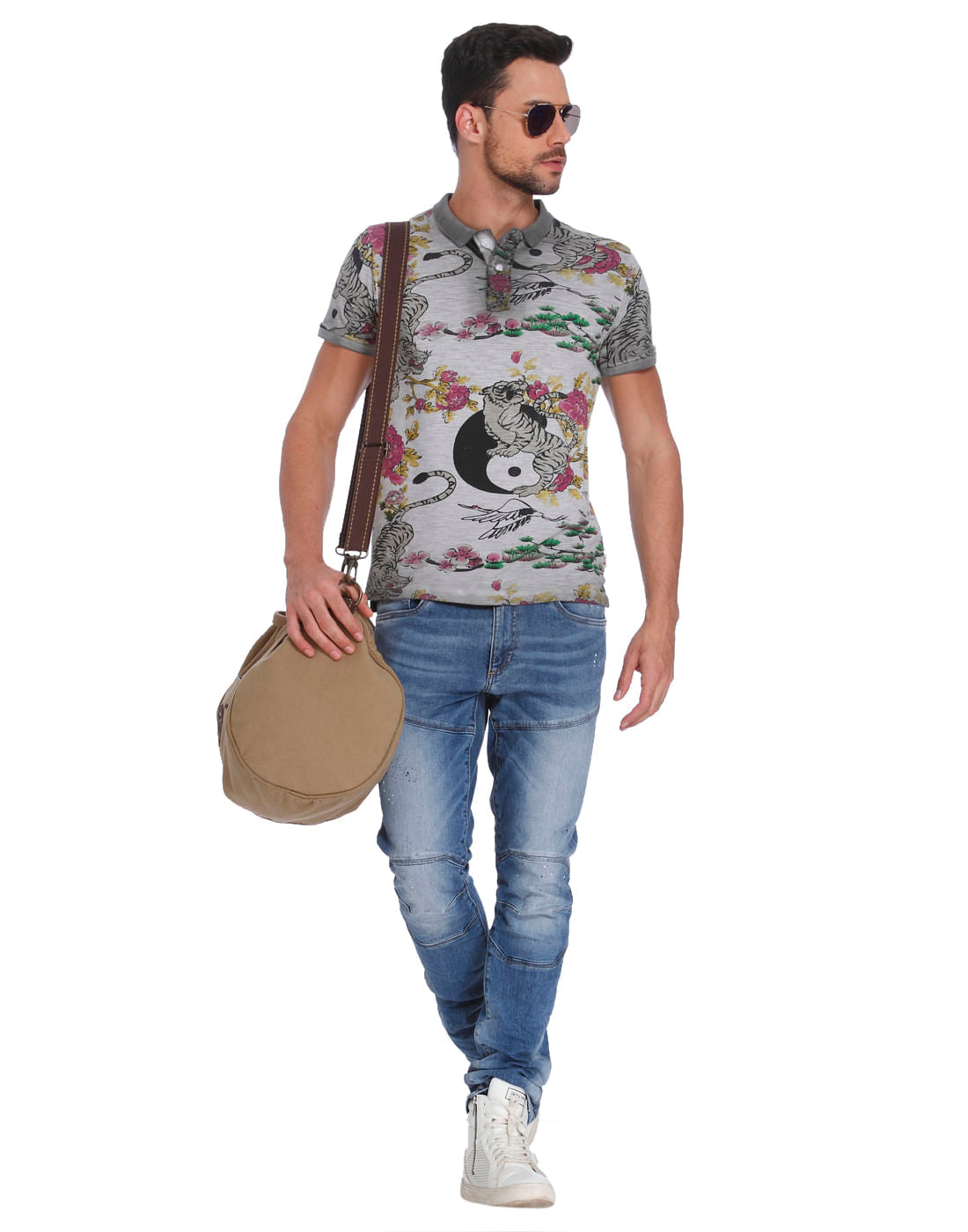 Grey Tiger & Floral Print Polo T-Shirt