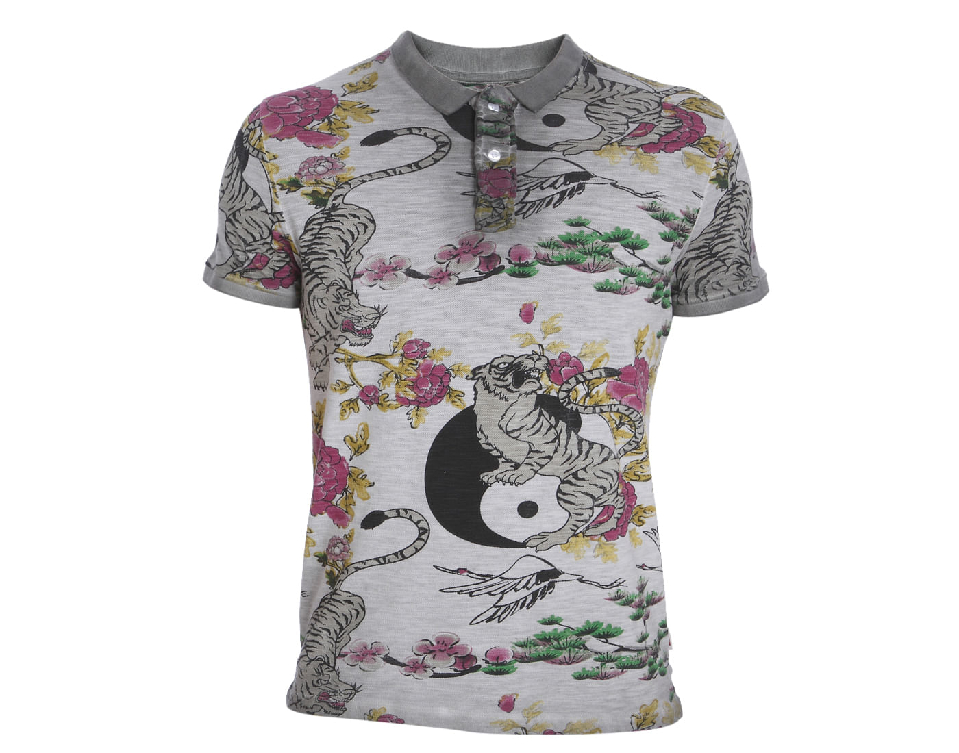 Grey Tiger & Floral Print Polo T-Shirt