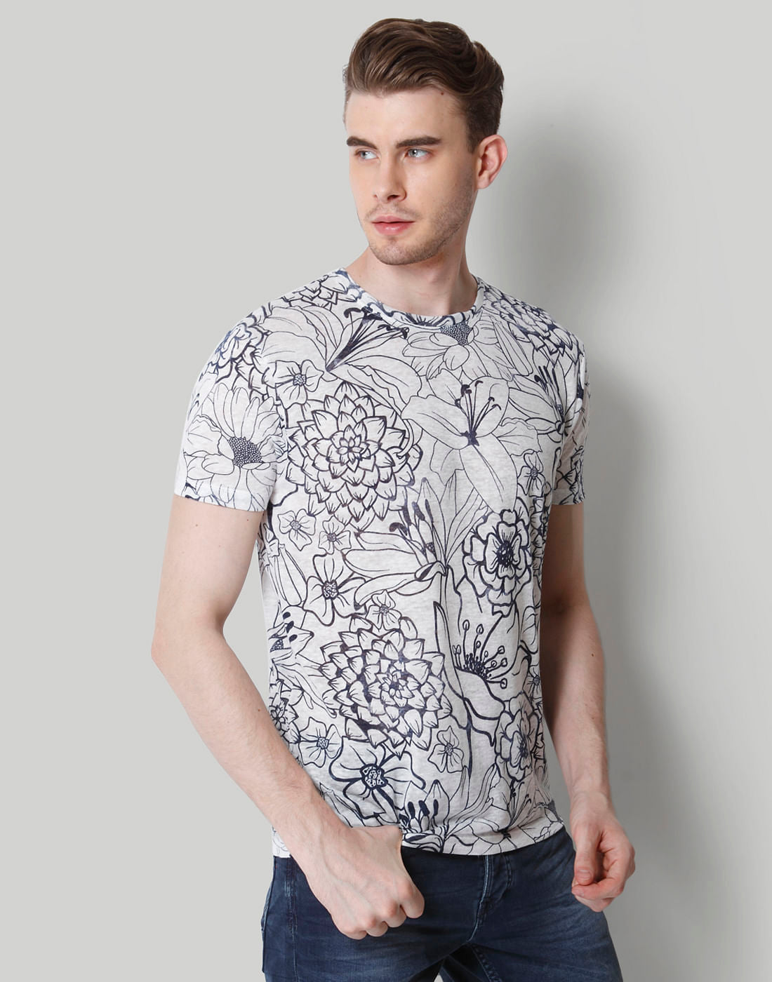 White Floral Print Crew Neck Linen T-Shirt - S