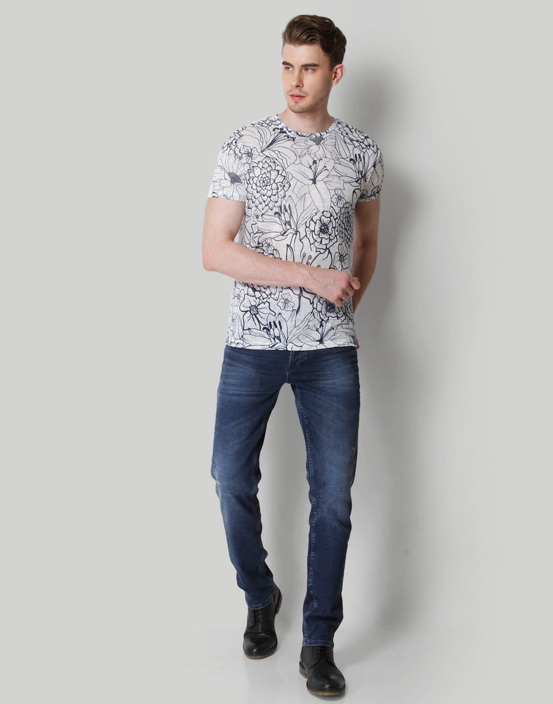 White Floral Print Crew Neck Linen T-Shirt