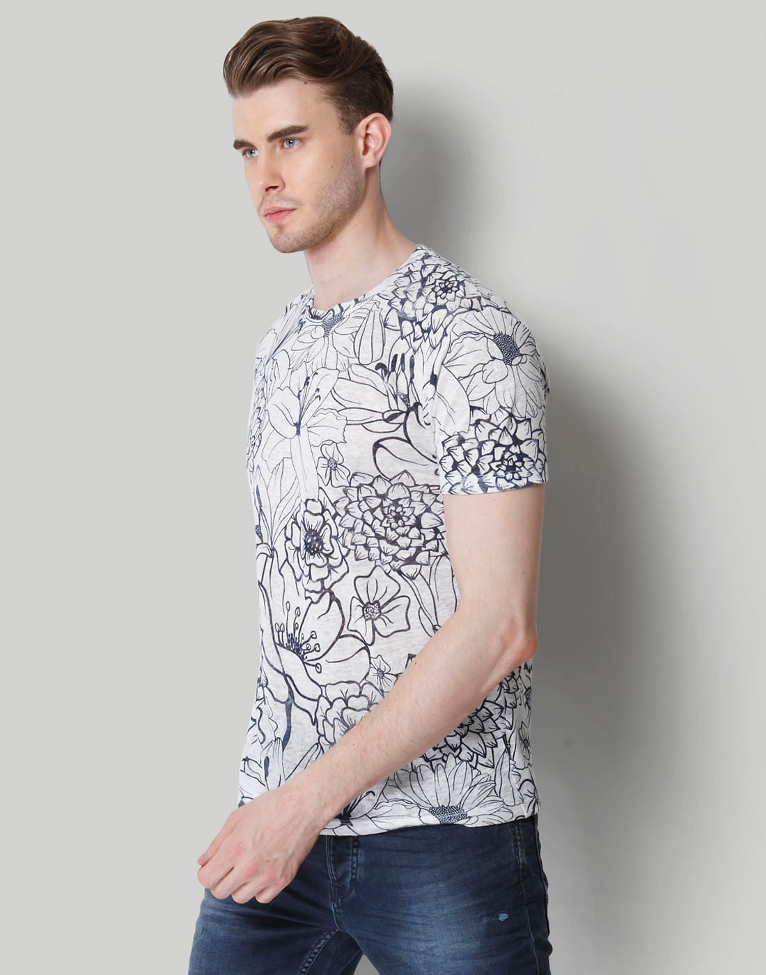 White Floral Print Crew Neck Linen T-Shirt