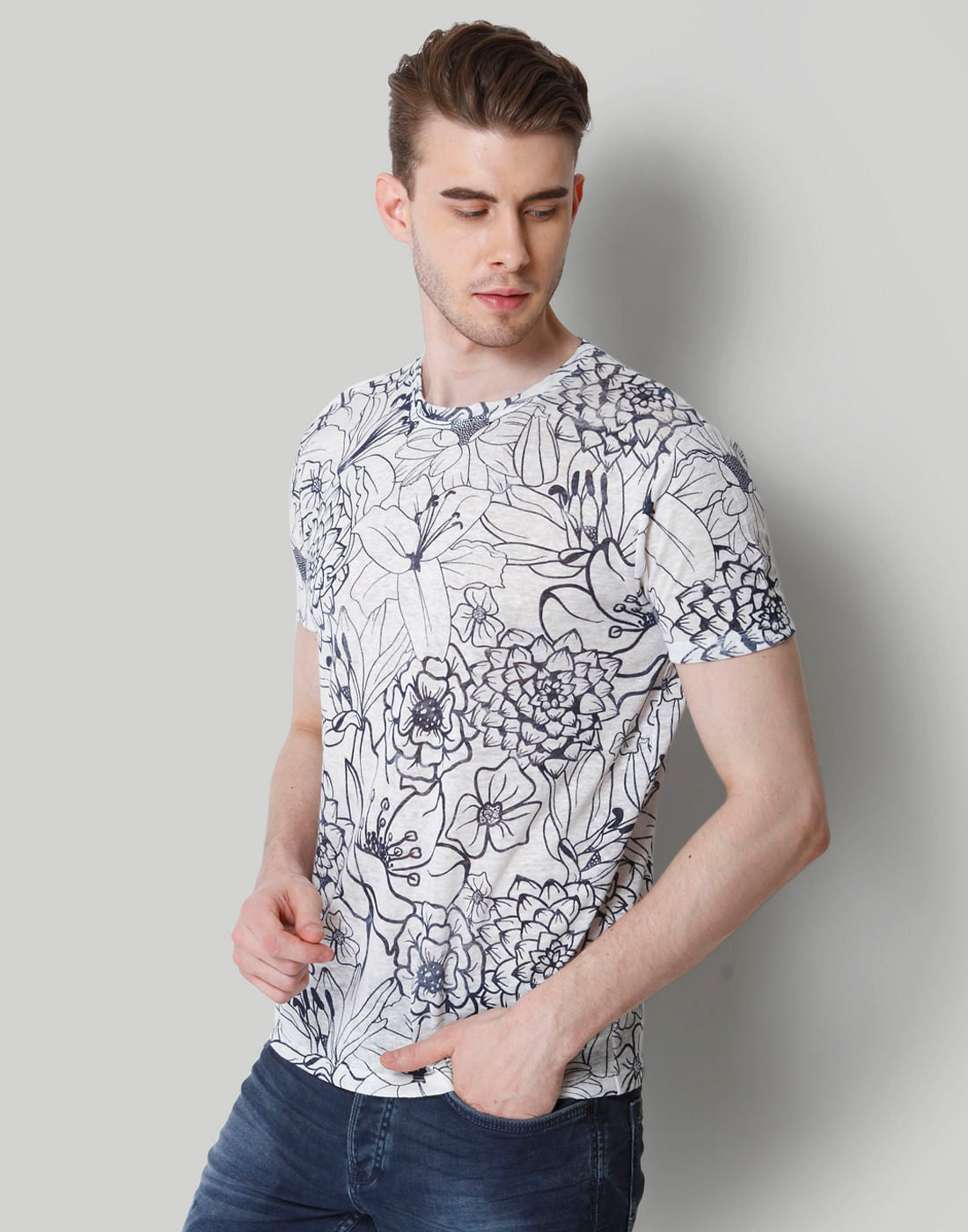 White Floral Print Crew Neck Linen T-Shirt