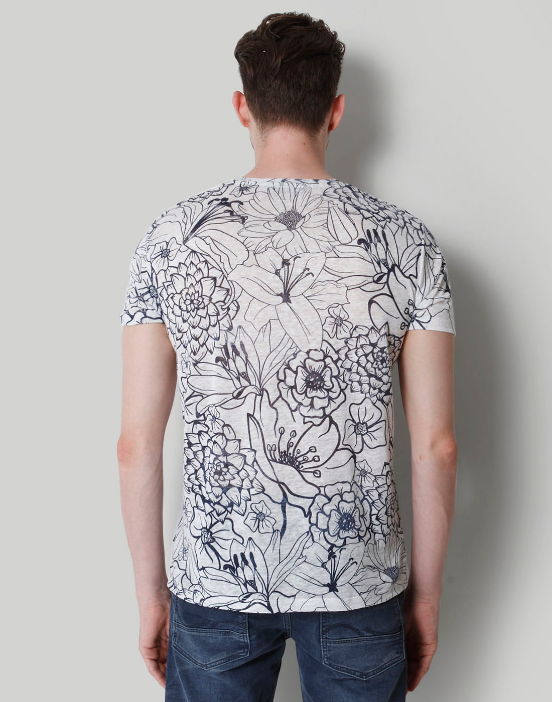 White Floral Print Crew Neck Linen T-Shirt