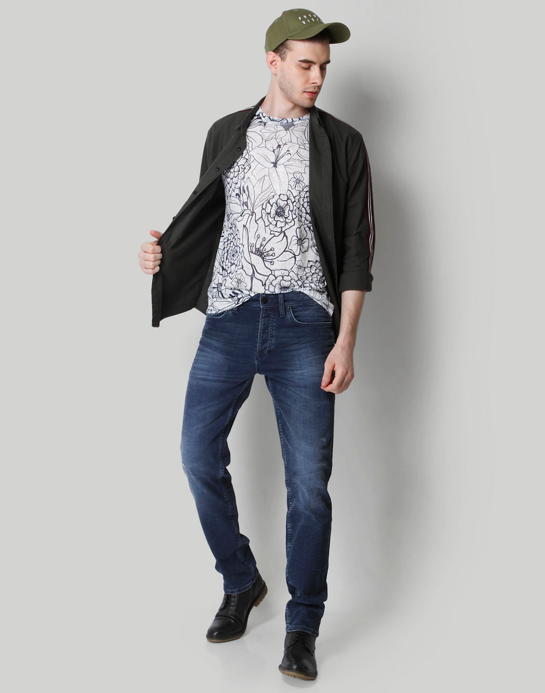 White Floral Print Crew Neck Linen T-Shirt