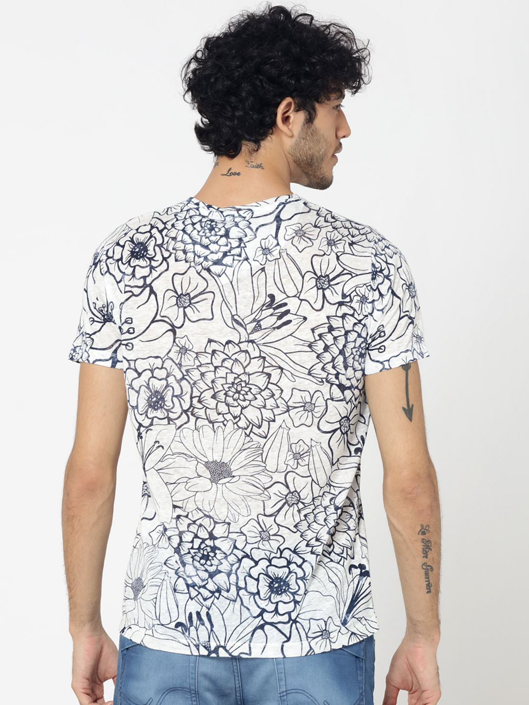 White All Over Floral Print Crew Neck T-Shirt
