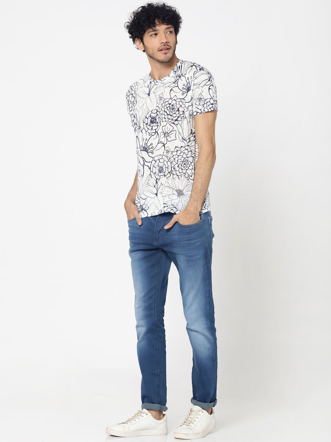 White All Over Floral Print Crew Neck T-Shirt