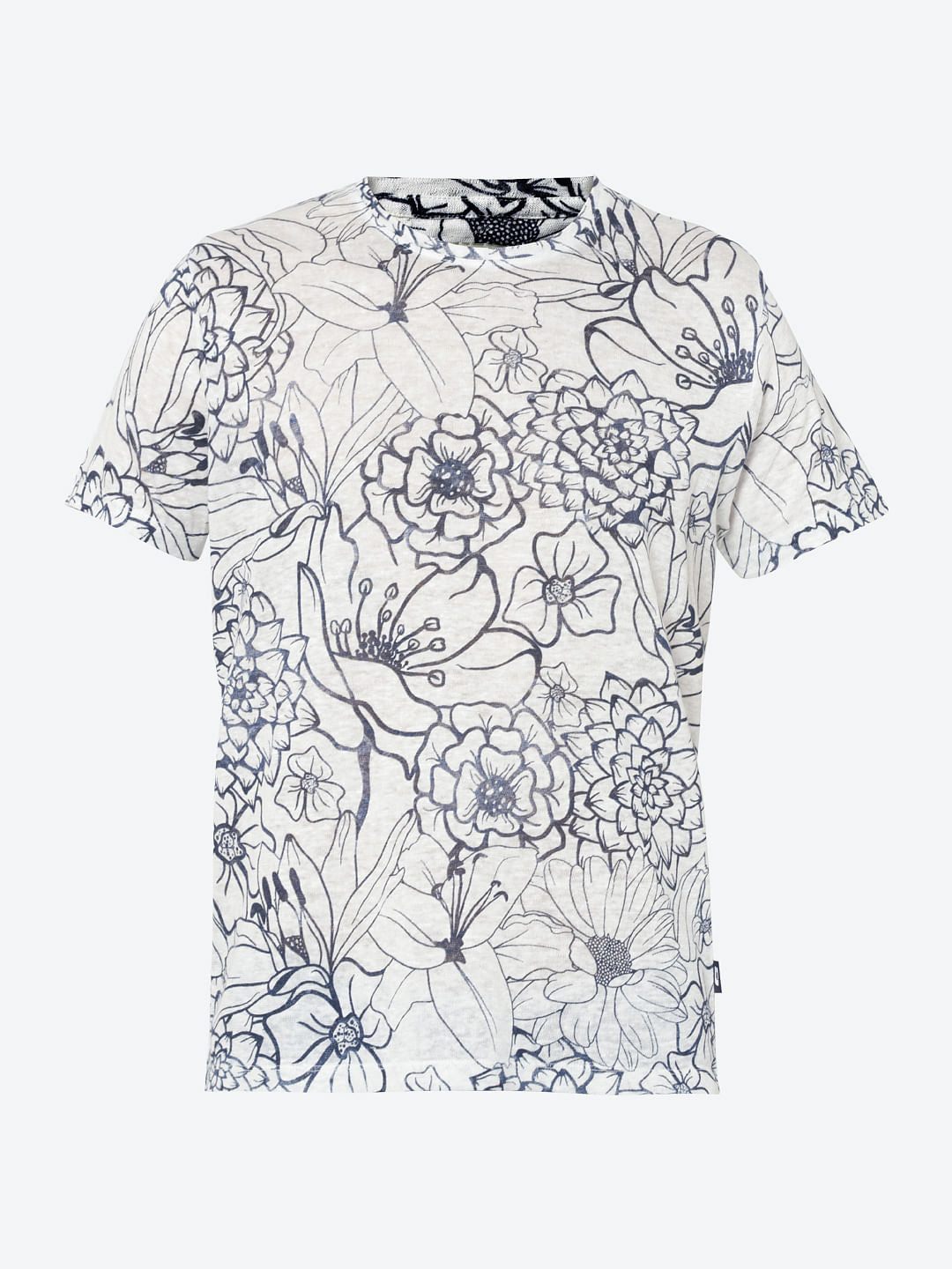 White All Over Floral Print Crew Neck T-Shirt