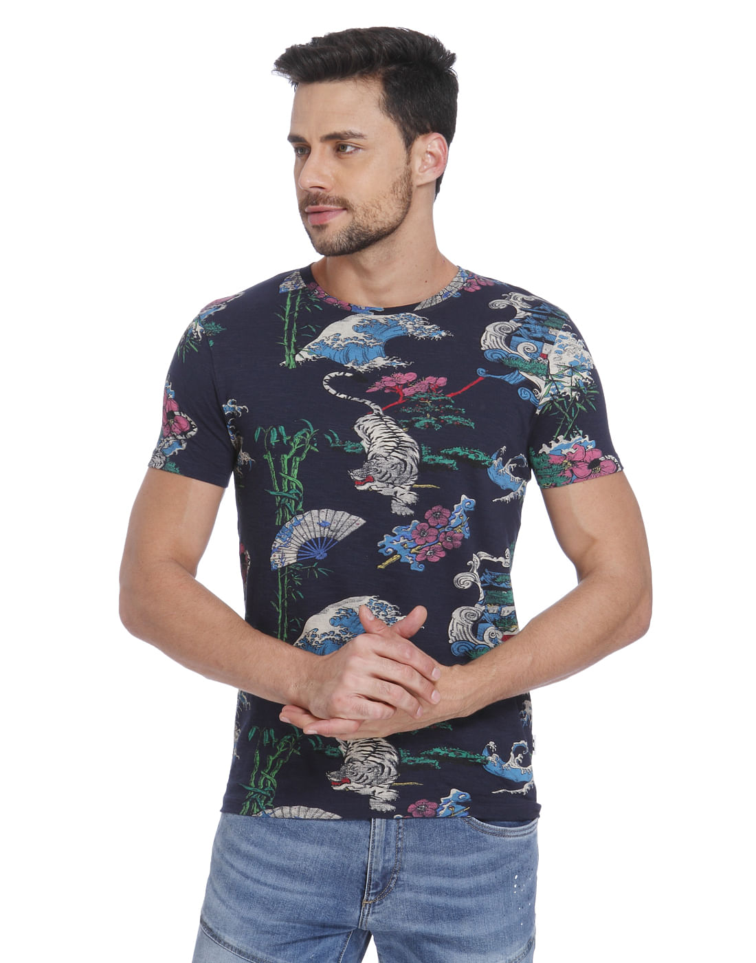 Dark Blue Tiger & Floral Print Polo T-Shirt - S