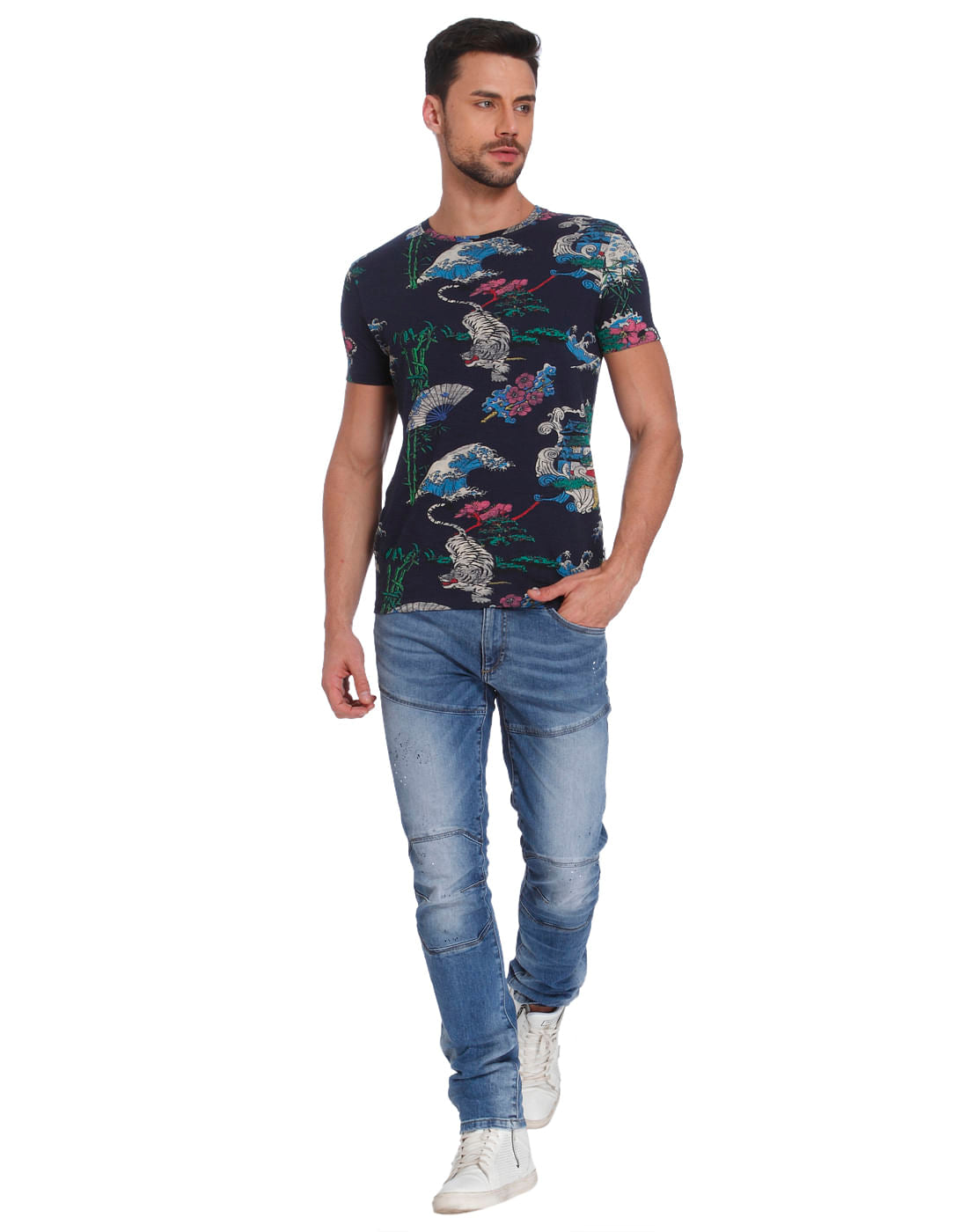 Dark Blue Tiger & Floral Print Polo T-Shirt