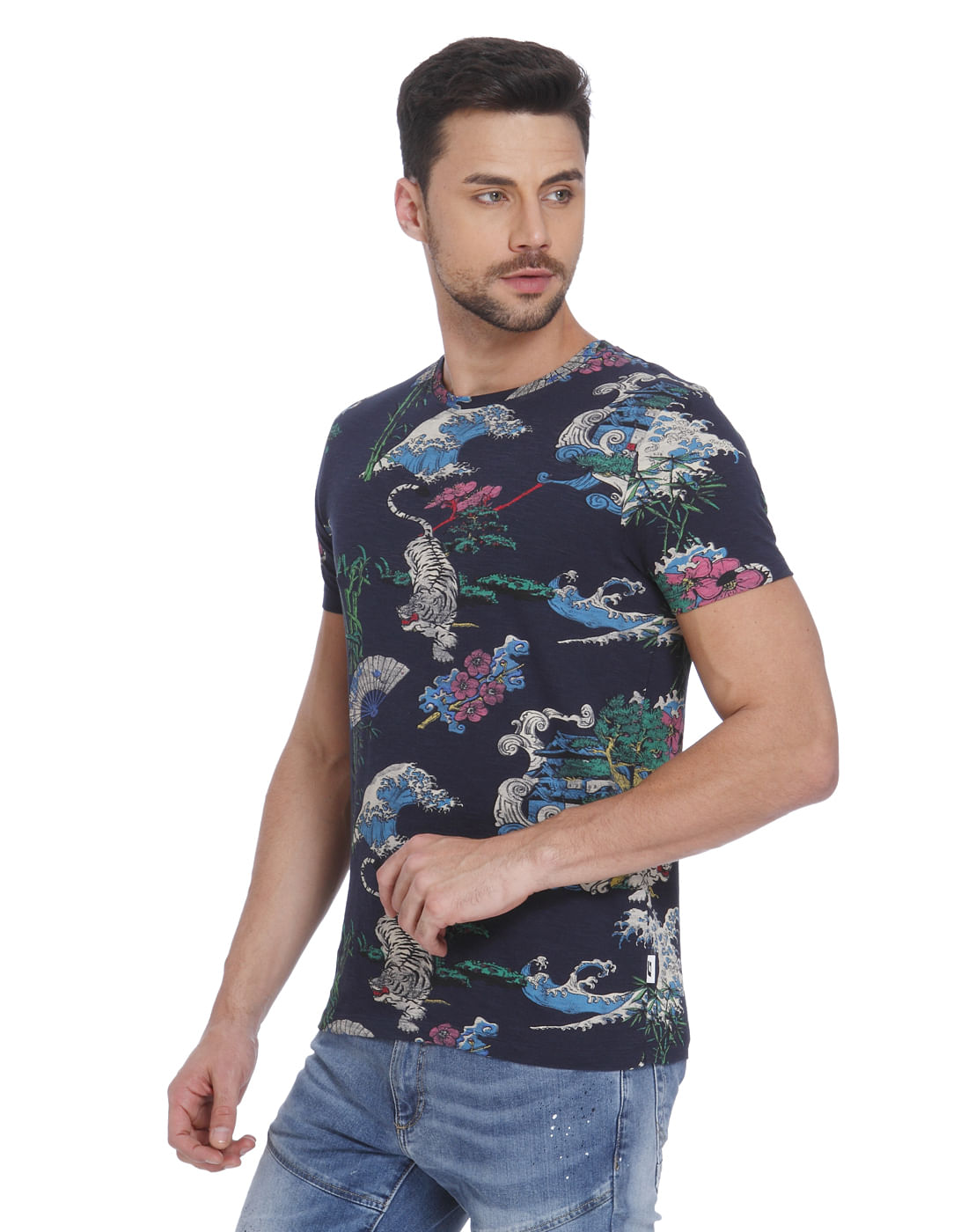 Dark Blue Tiger & Floral Print Polo T-Shirt