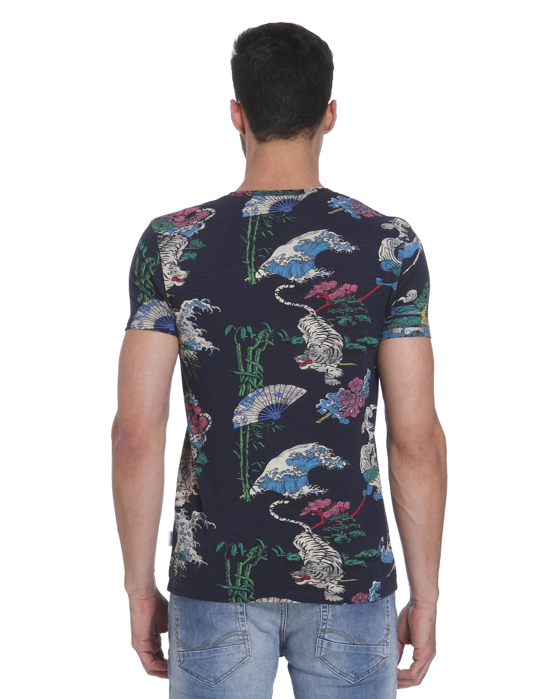 Dark Blue Tiger & Floral Print Polo T-Shirt
