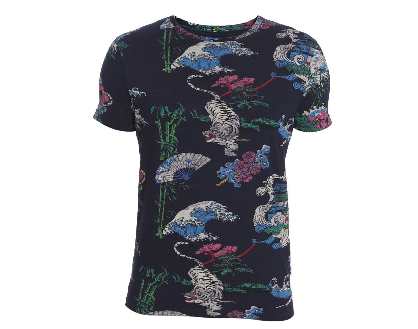 Dark Blue Tiger & Floral Print Polo T-Shirt