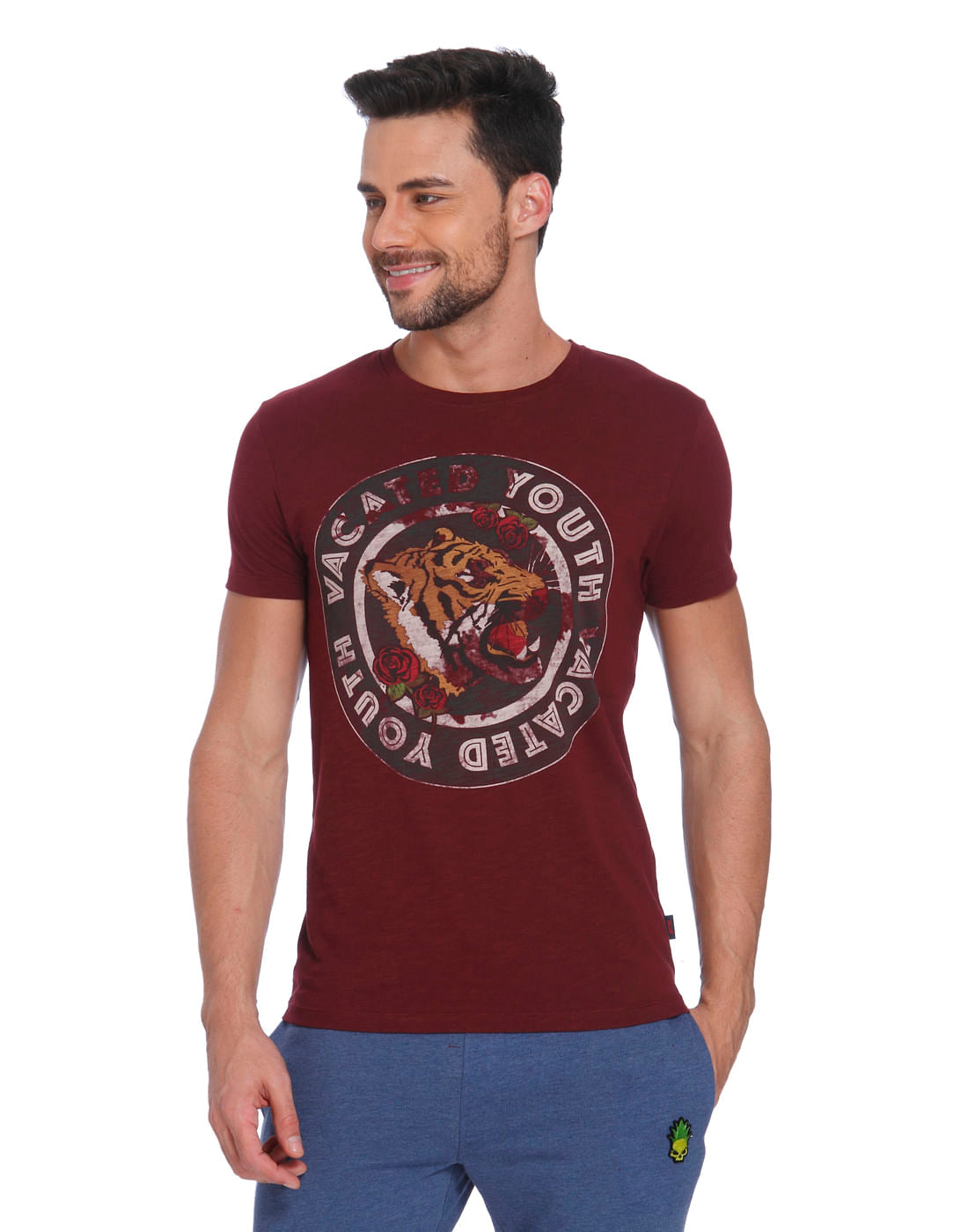 Maroon Tiger Print Crew Neck T-Shirt - S