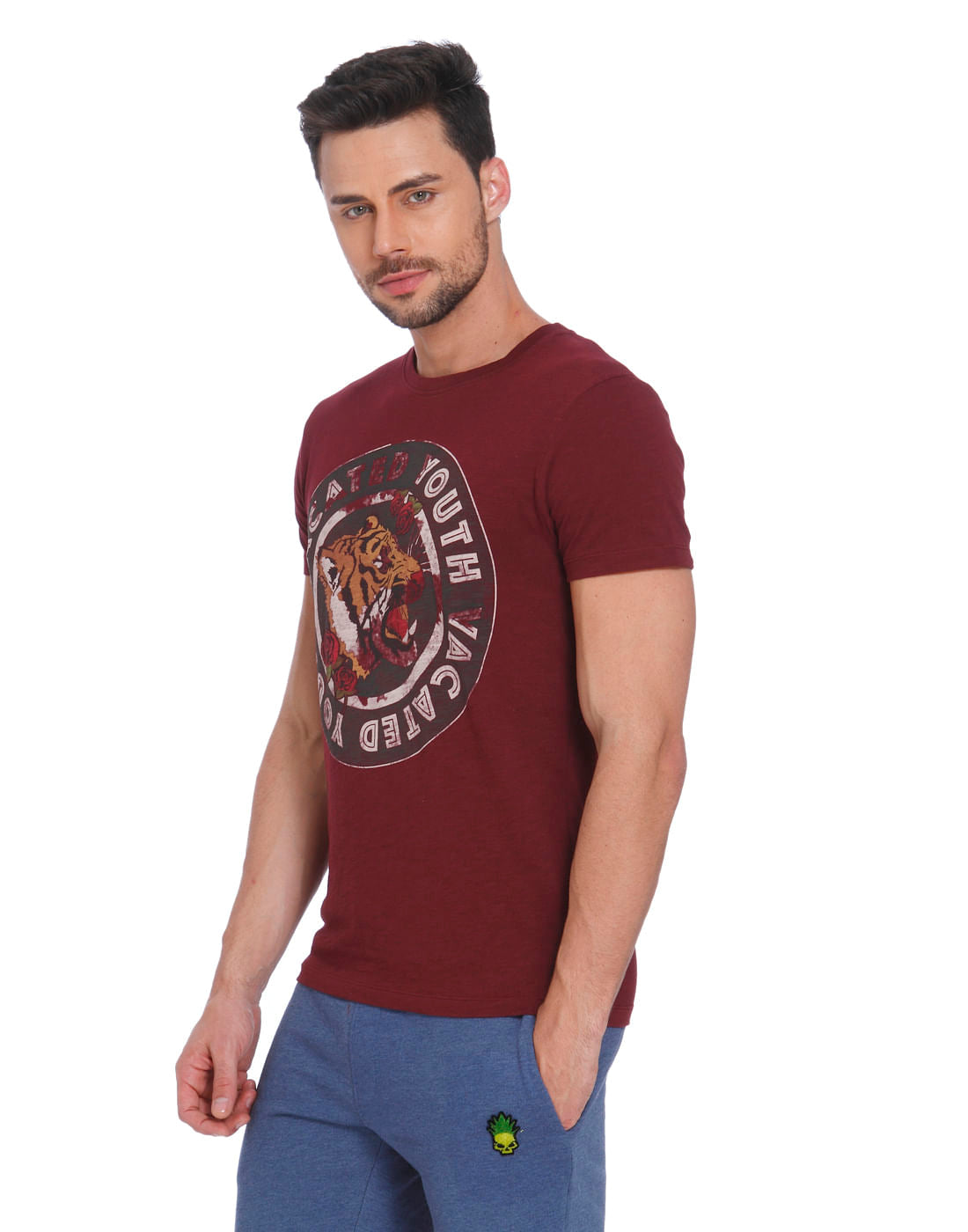 Maroon Tiger Print Crew Neck T-Shirt