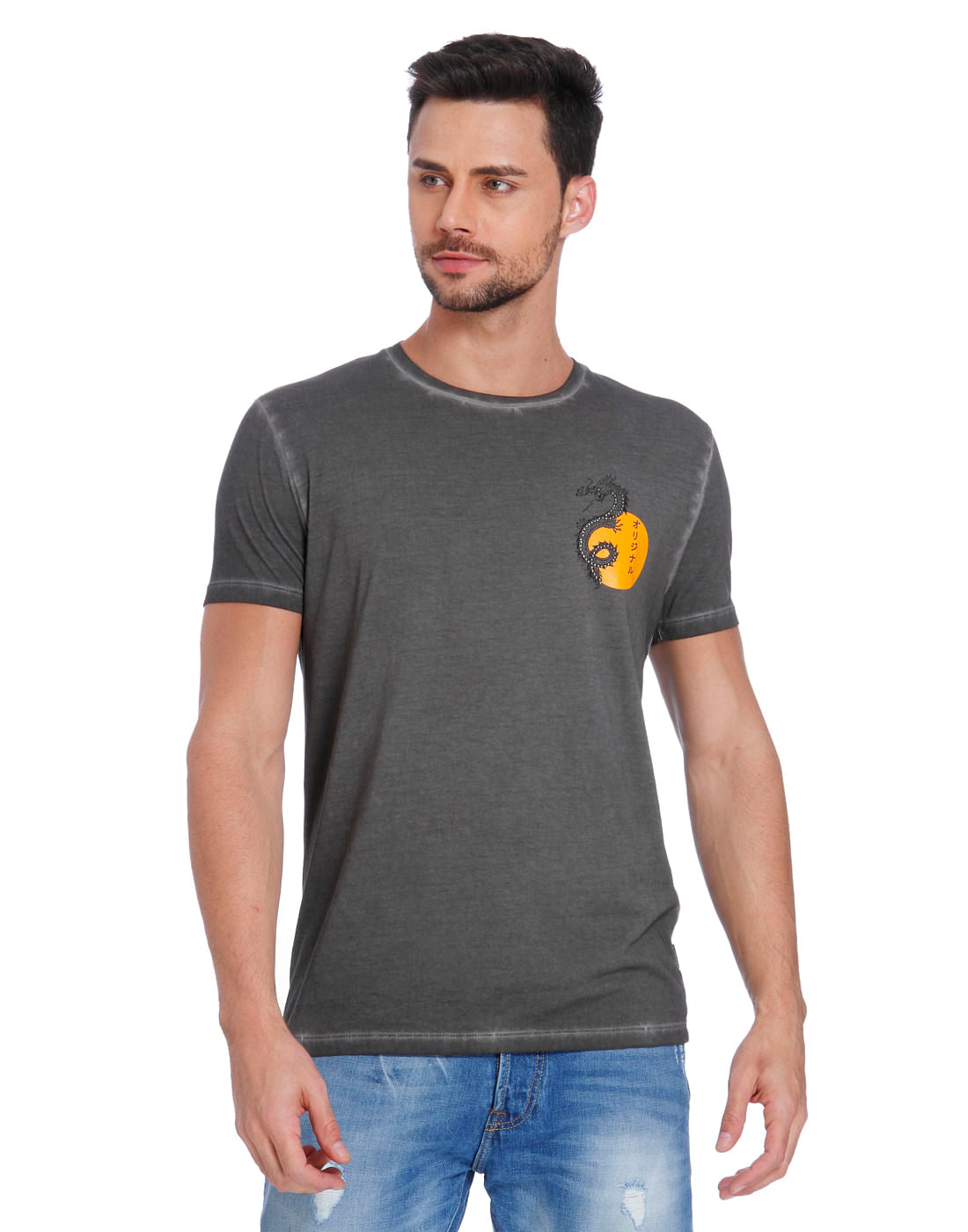 Dark Grey Dragon Print Crew Neck T-Shirt - S