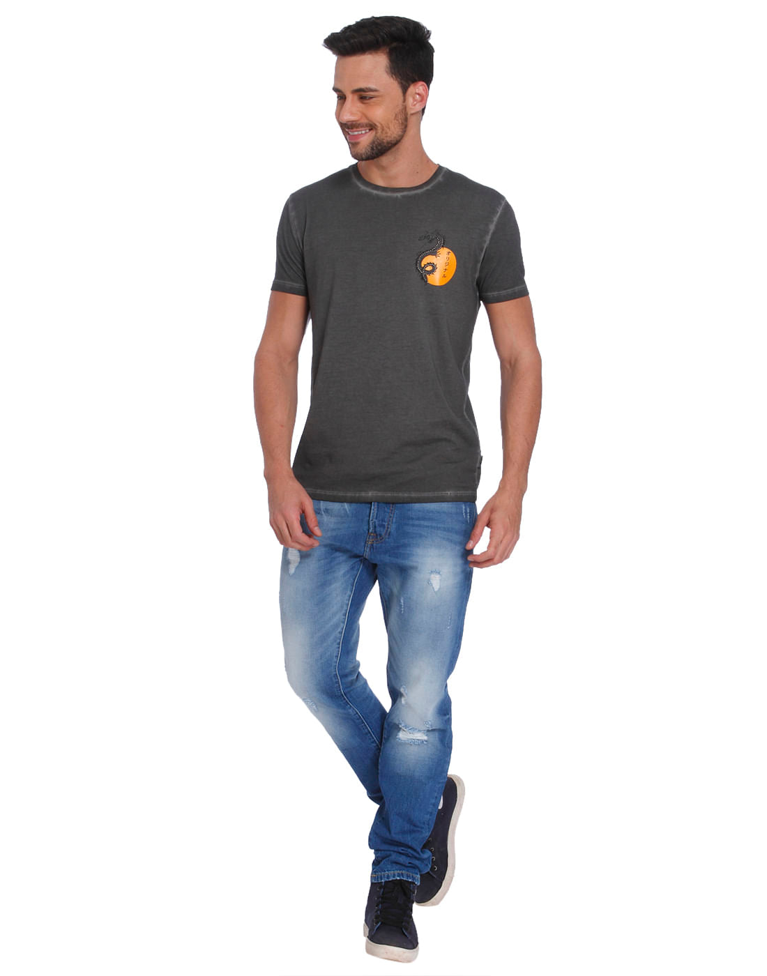 Dark Grey Dragon Print Crew Neck T-Shirt