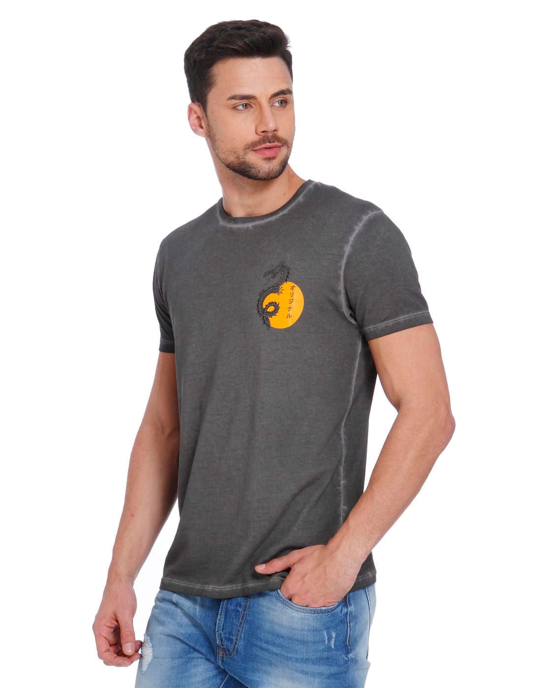 Dark Grey Dragon Print Crew Neck T-Shirt