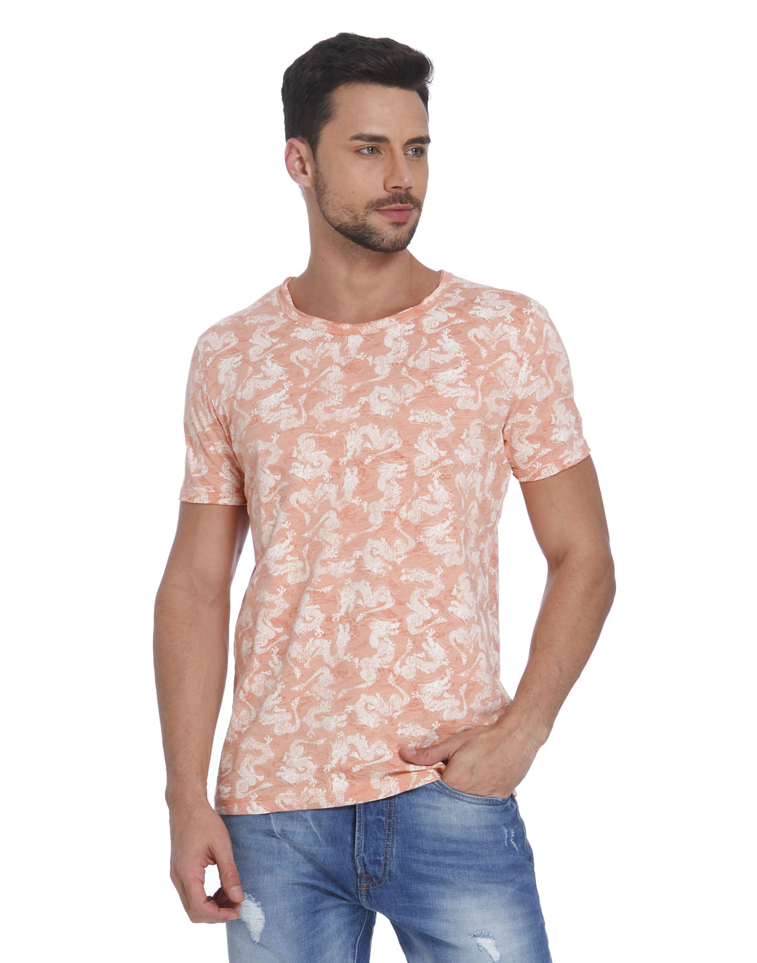 Peach Dragon Print Crew Neck T-Shirt - S