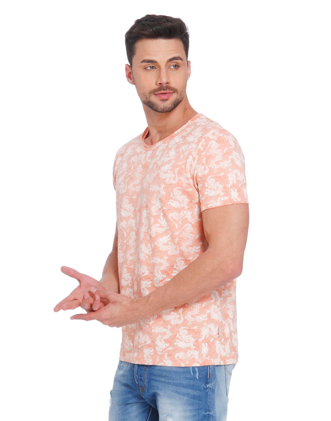 Peach Dragon Print Crew Neck T-Shirt