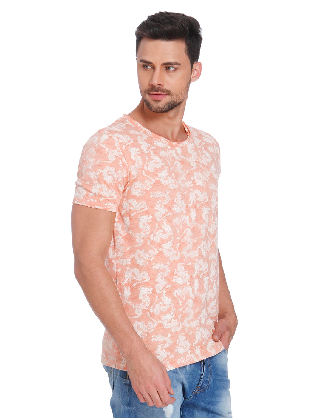 Peach Dragon Print Crew Neck T-Shirt
