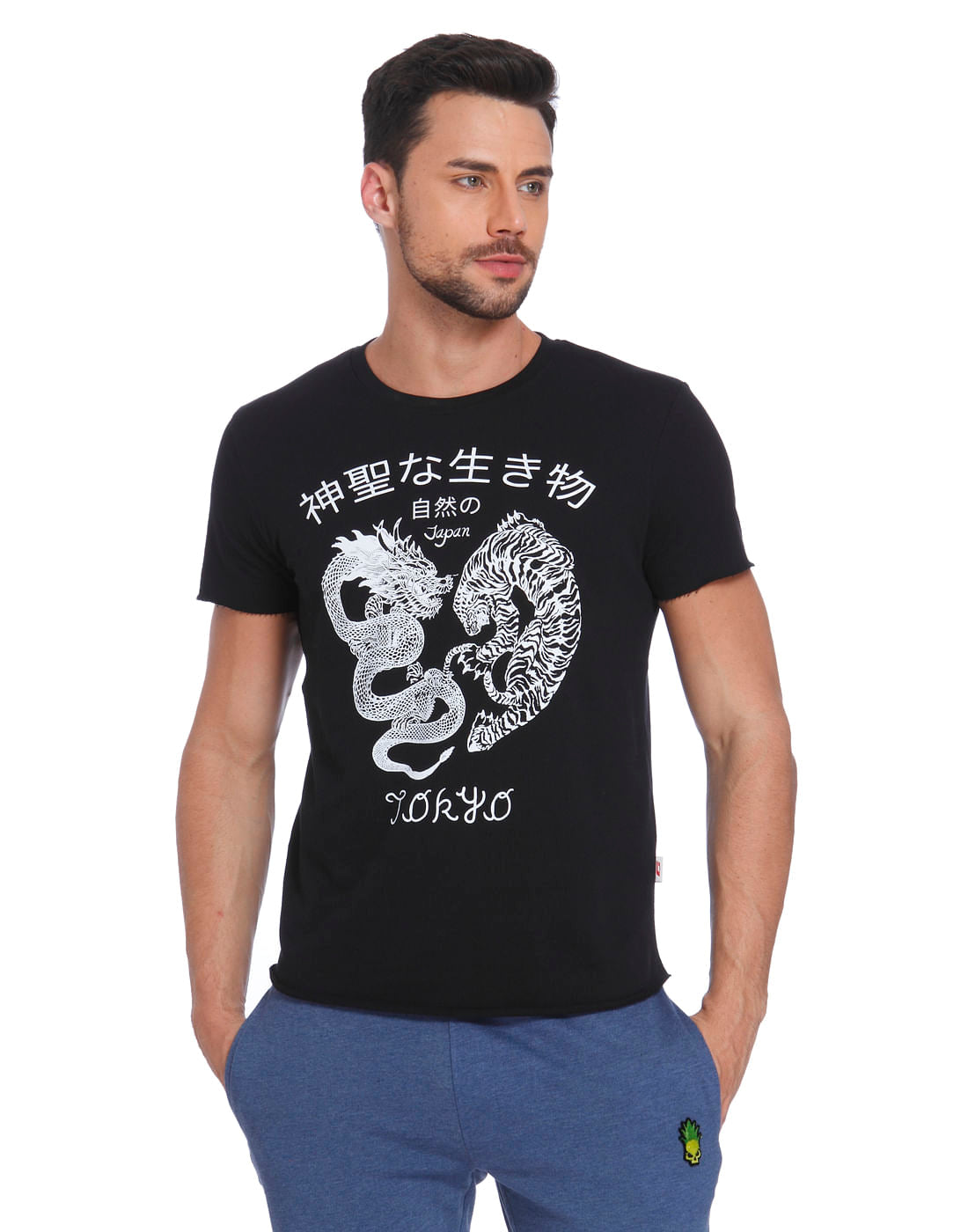 Black Dragon Print Crew Neck T-Shirt - S