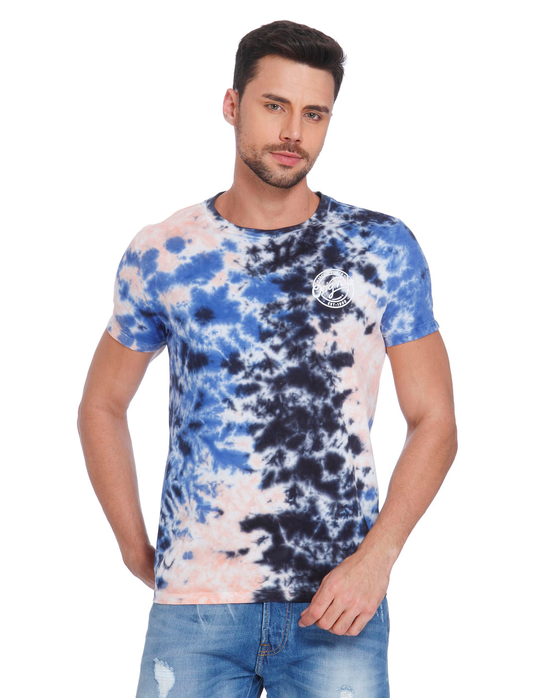 Blue Tye & Dye Print Crew Neck T-Shirt - S