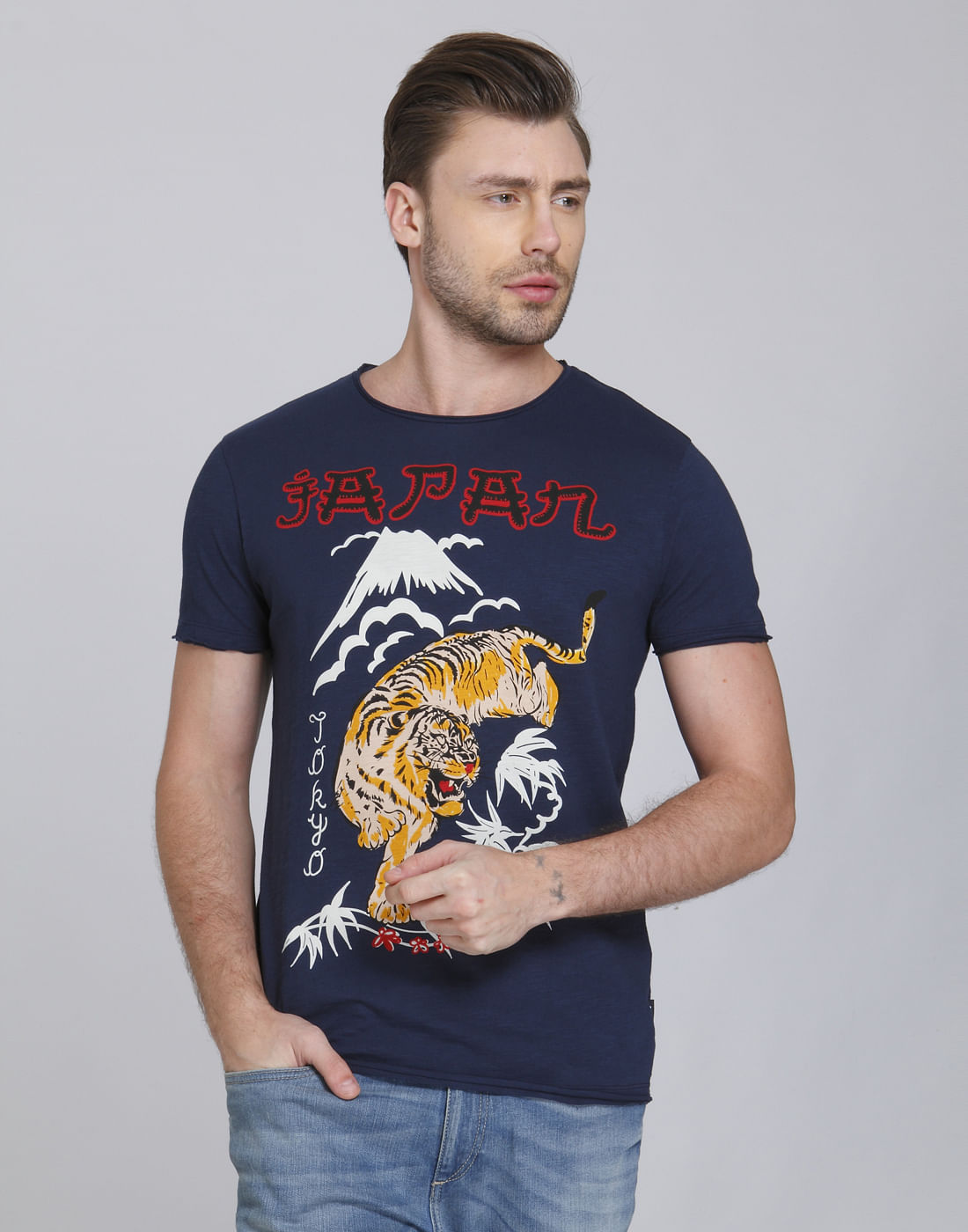 Blue Tiger Print Crew Neck T-Shirt - S