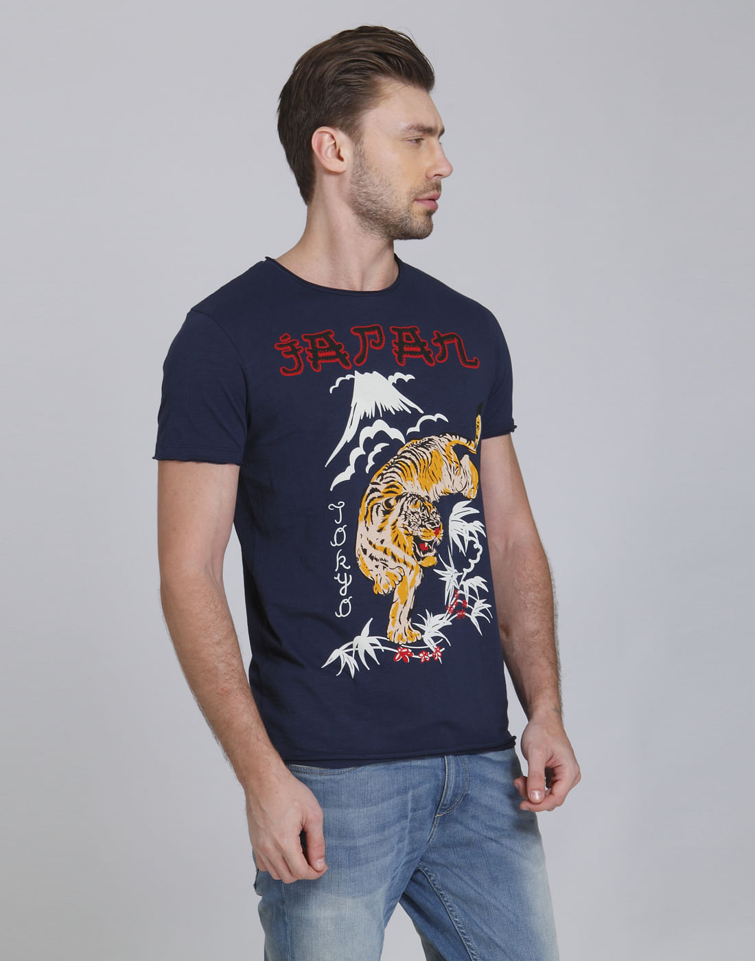 Blue Tiger Print Crew Neck T-Shirt