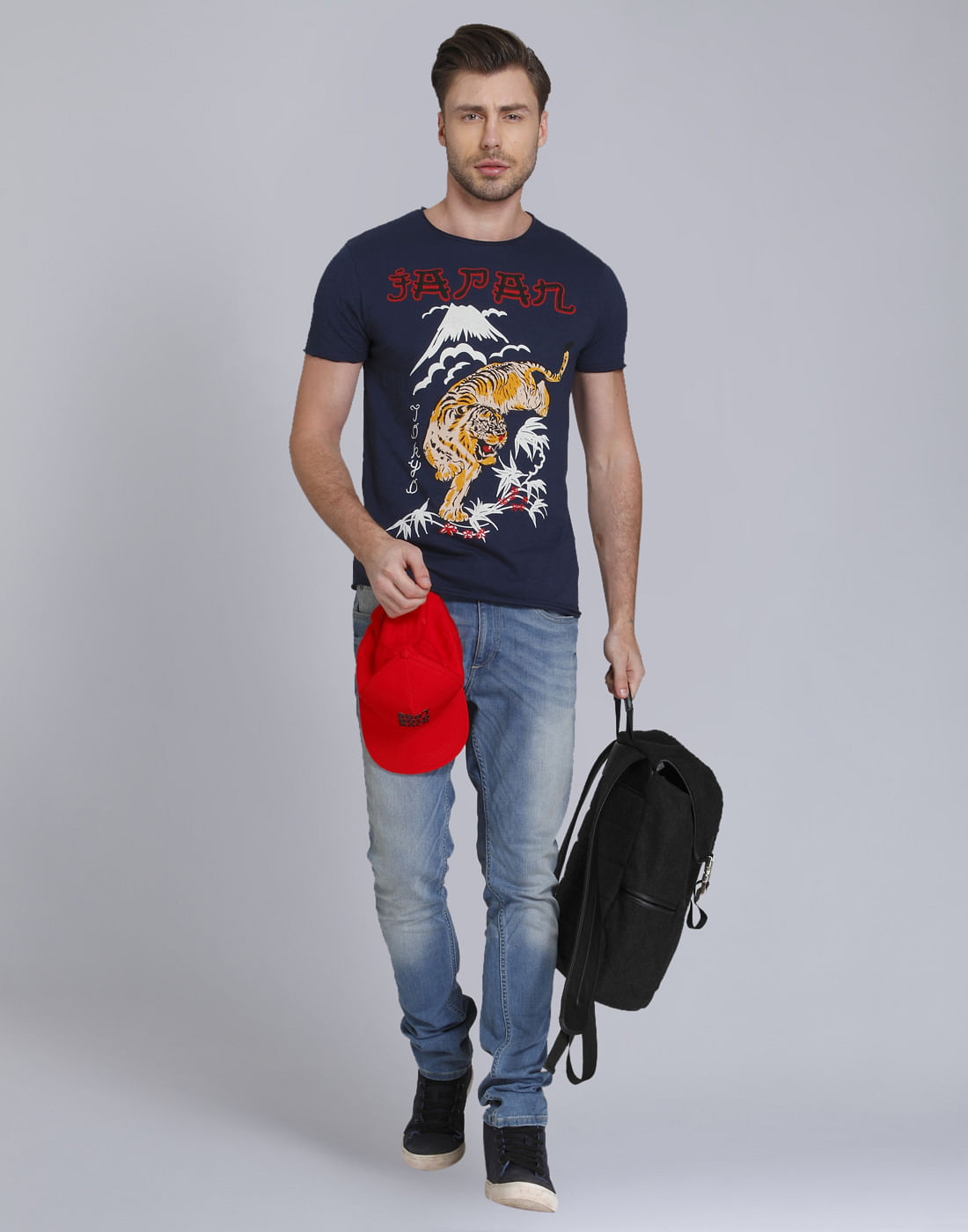 Blue Tiger Print Crew Neck T-Shirt