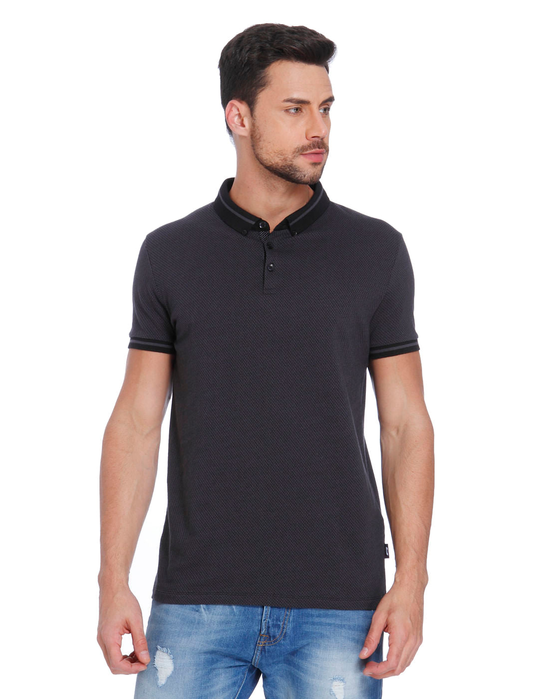 Black Printed Polo T-Shirt - S