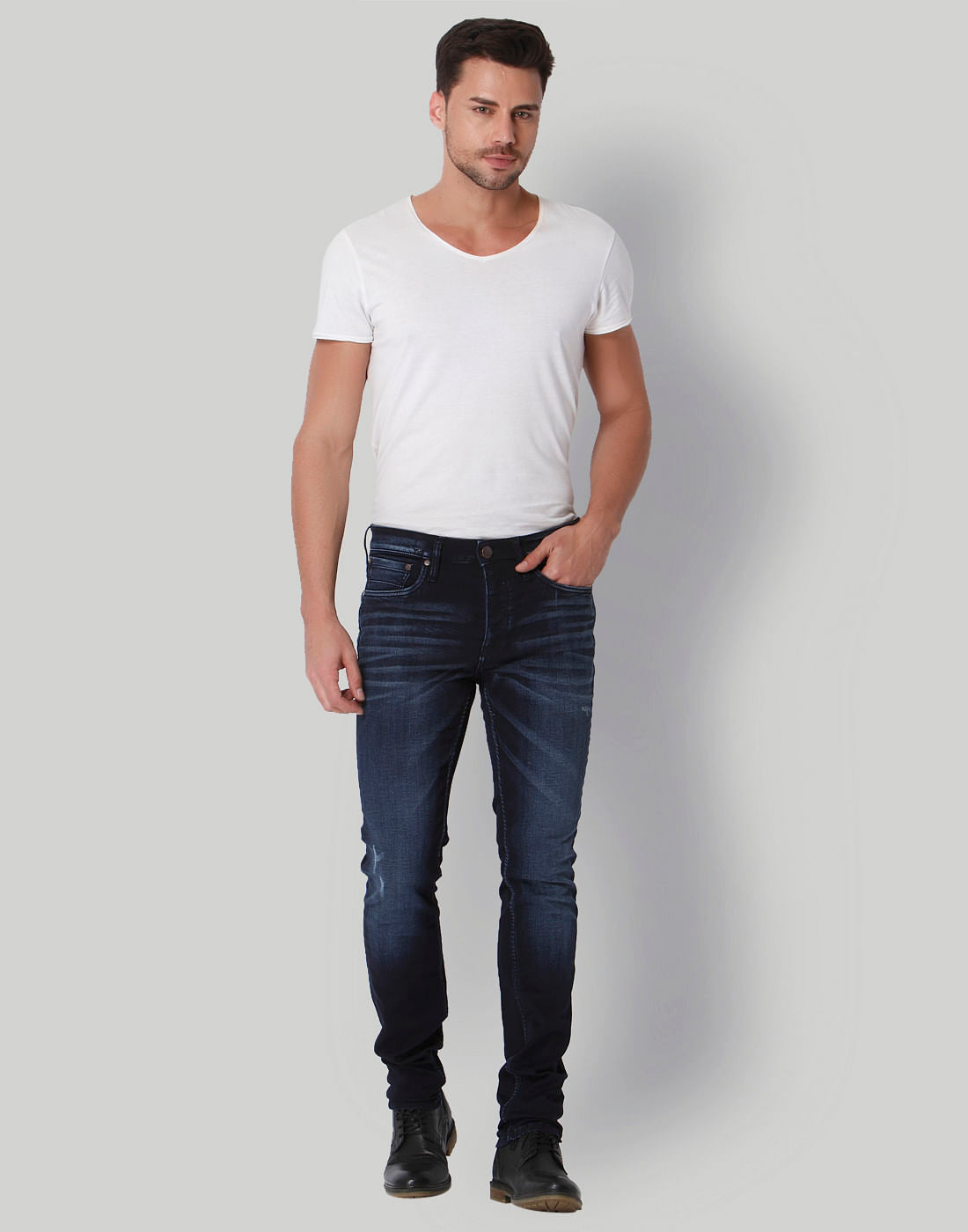Blue Mild Distressed Low Rise Slim Fit Jeans