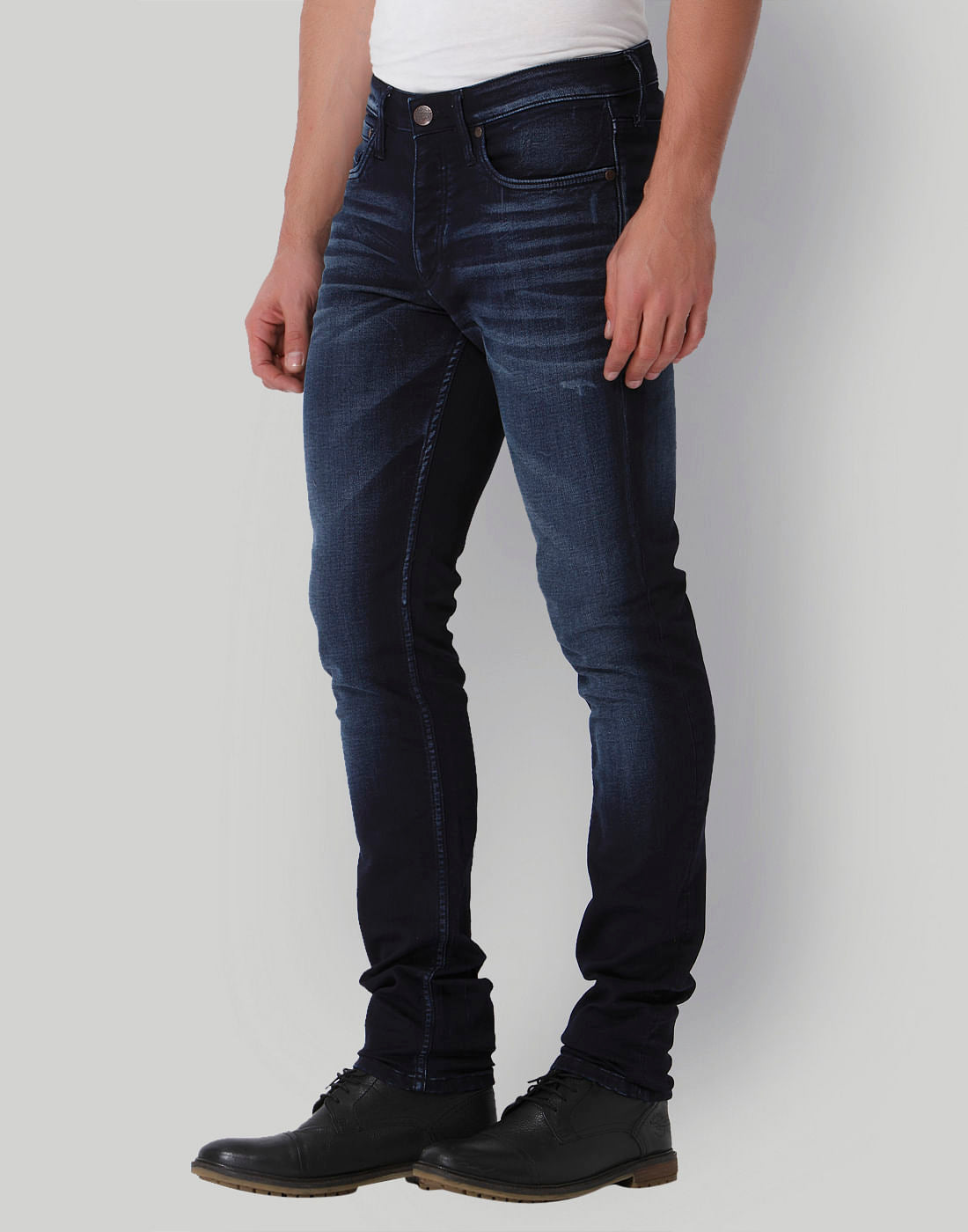 Blue Mild Distressed Low Rise Slim Fit Jeans