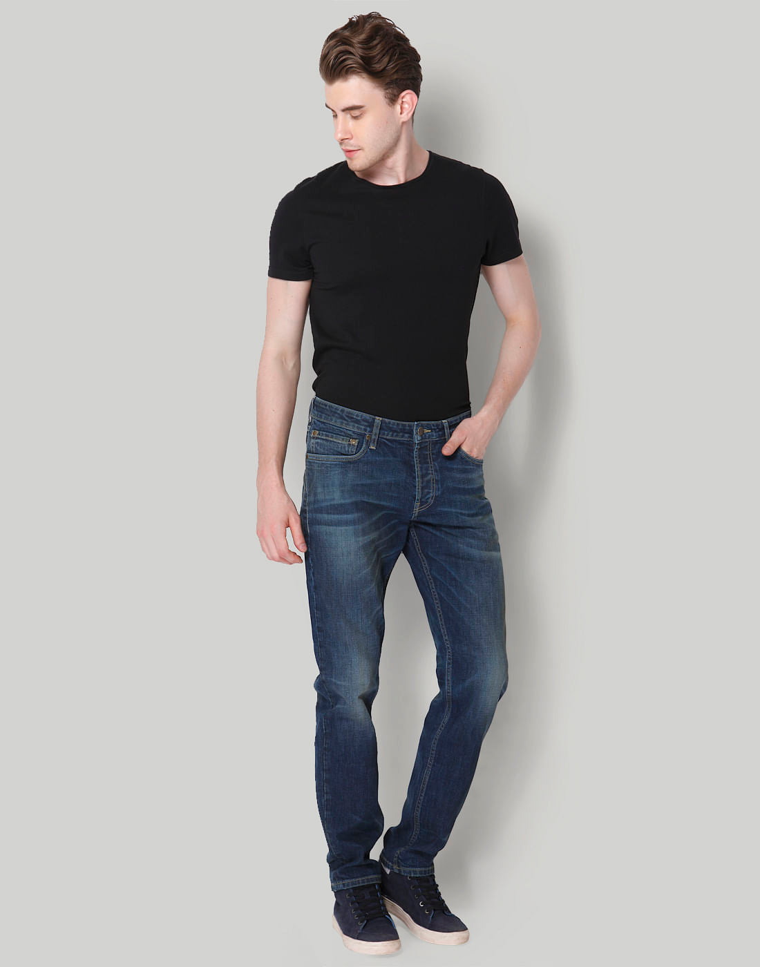 Blue Plain Mid Rise Comfort Fit Jeans