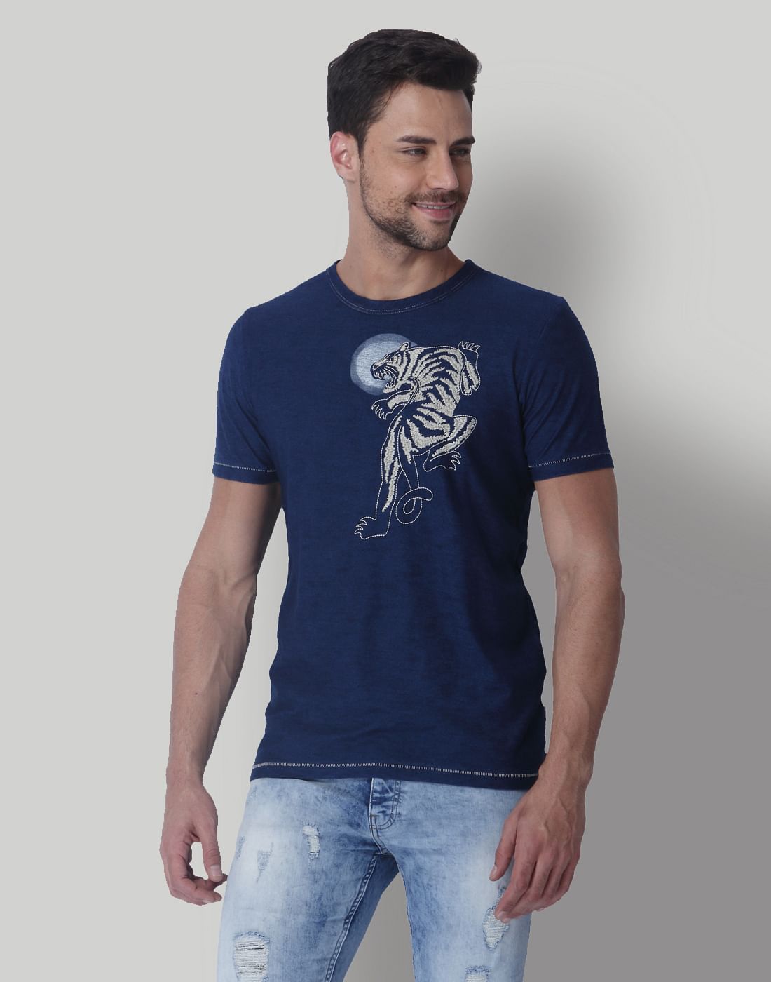 Blue Tiger Print Crew Neck T-Shirt - S
