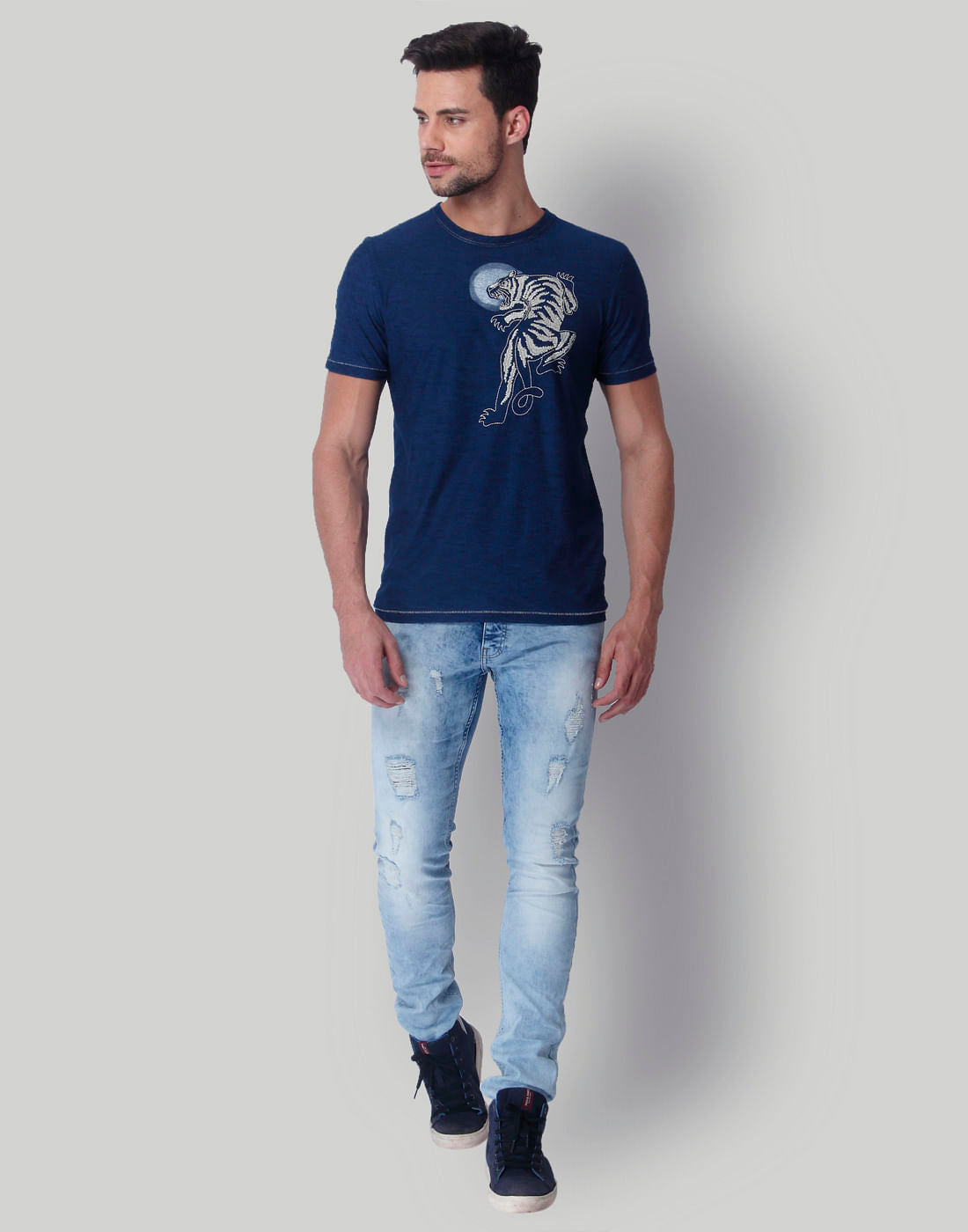 Blue Tiger Print Crew Neck T-Shirt