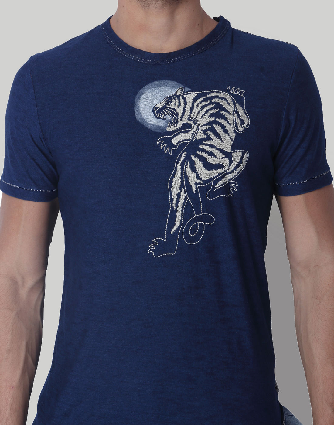 Blue Tiger Print Crew Neck T-Shirt