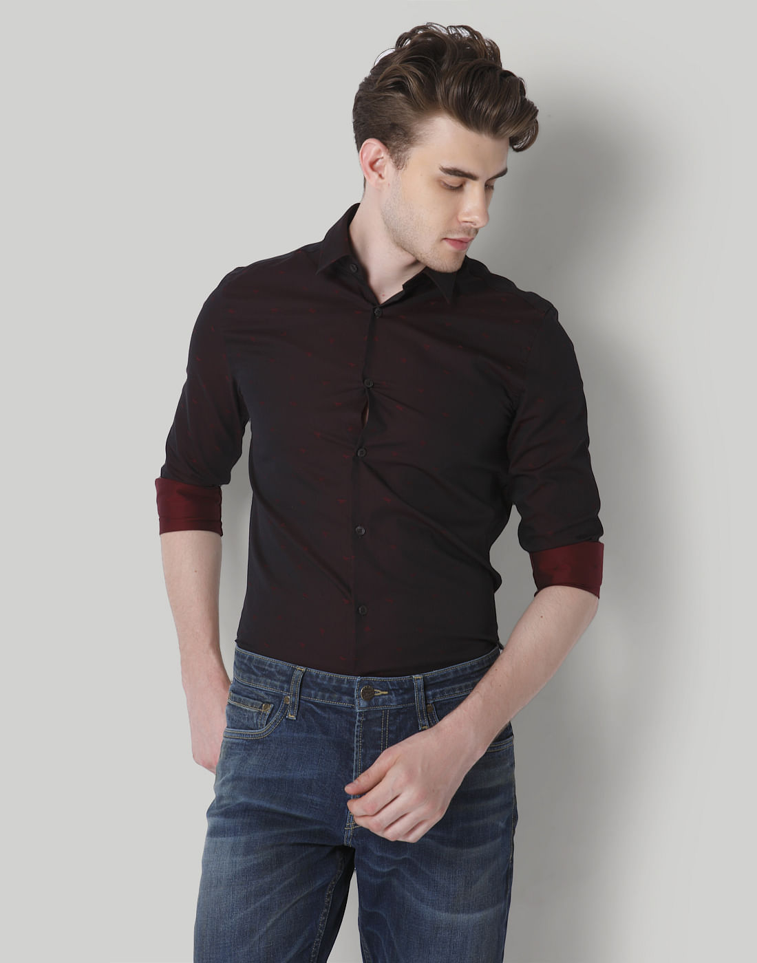 Burgundy Printed Slim Fit Shirt - S