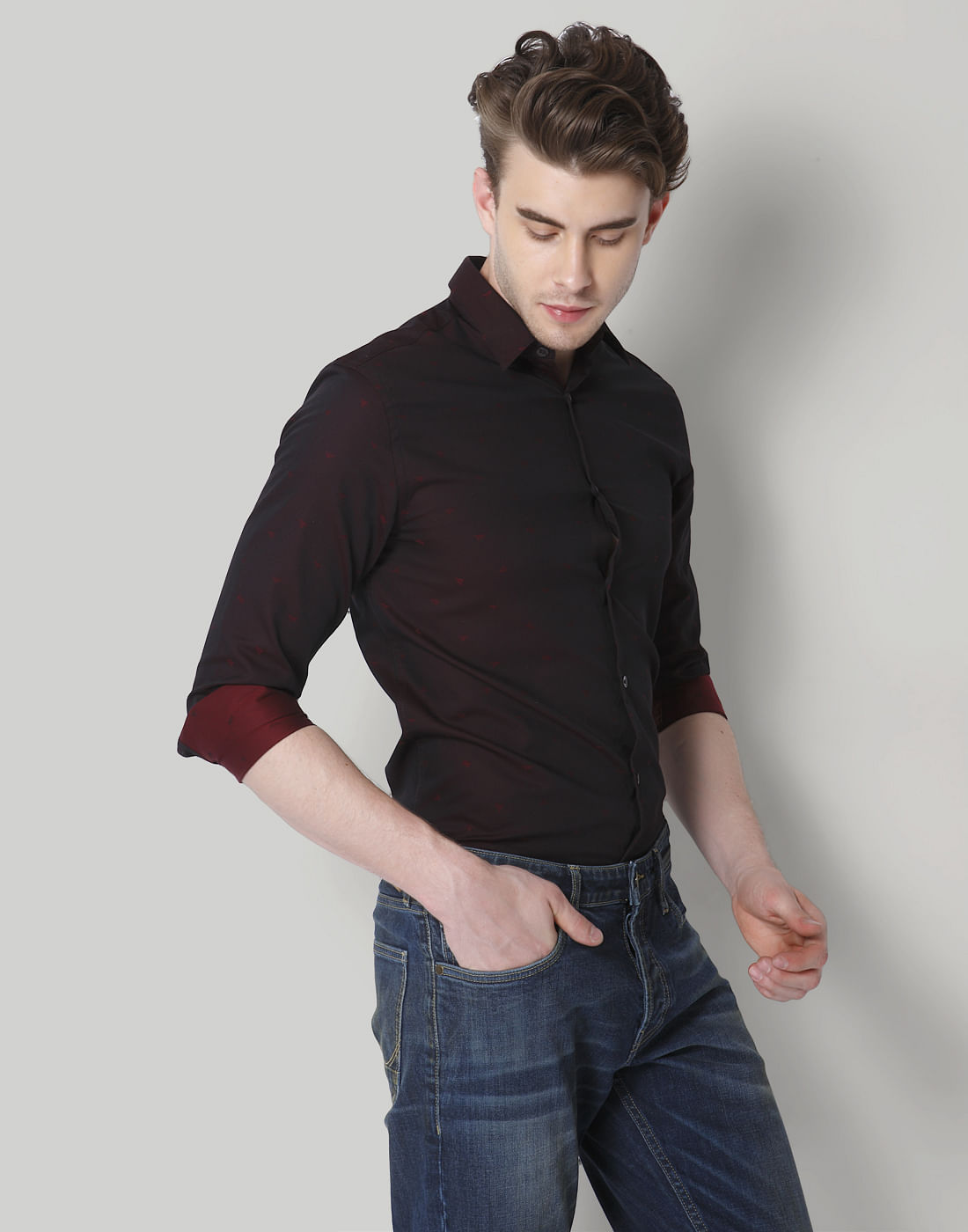 Burgundy Printed Slim Fit Shirt